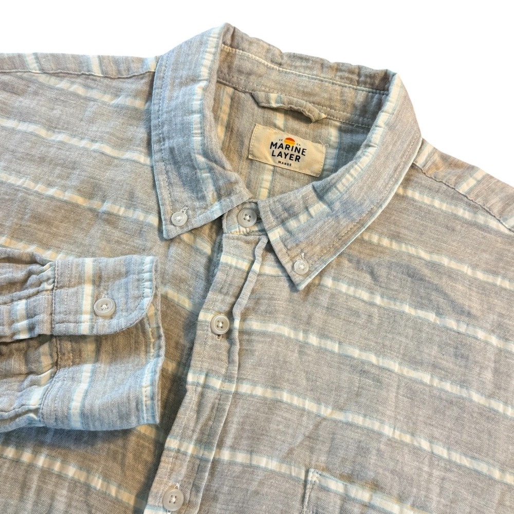 Marine Layer Mens Marge Grey Blue Striped Cotton Button Down Shirt Long Sleeve